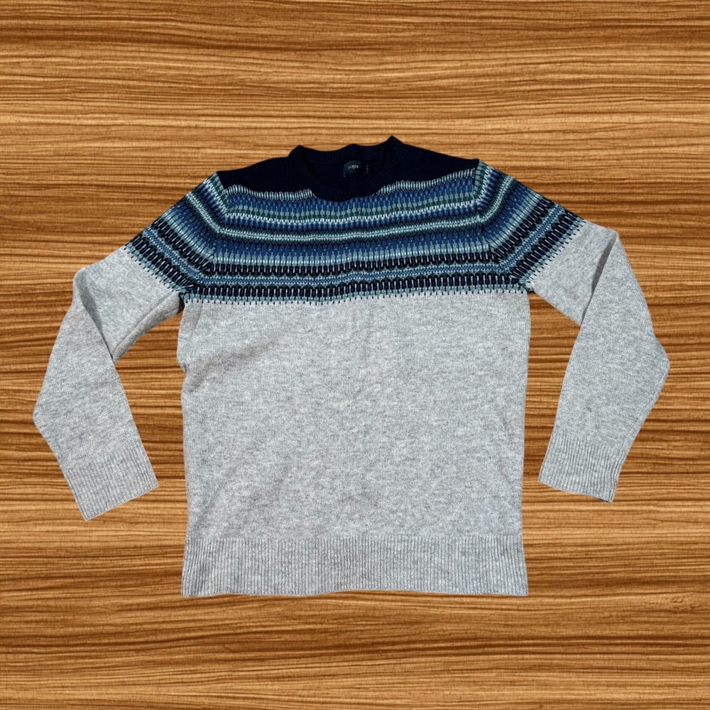J.Crew‎ Mens 100% Lambswool Fair Isle Crewneck Sweater Grey Navy Blue F7583 M